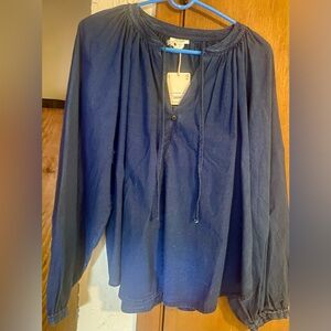 a.n.a NWT Sz: L Soft Drape Womens Split Tie Neck Long Sleeve Blouse